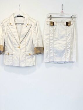 Bebe Collection Y2K Skirt Suit Set White Satin Blazer 8 Pencil Skirt 4 Italy